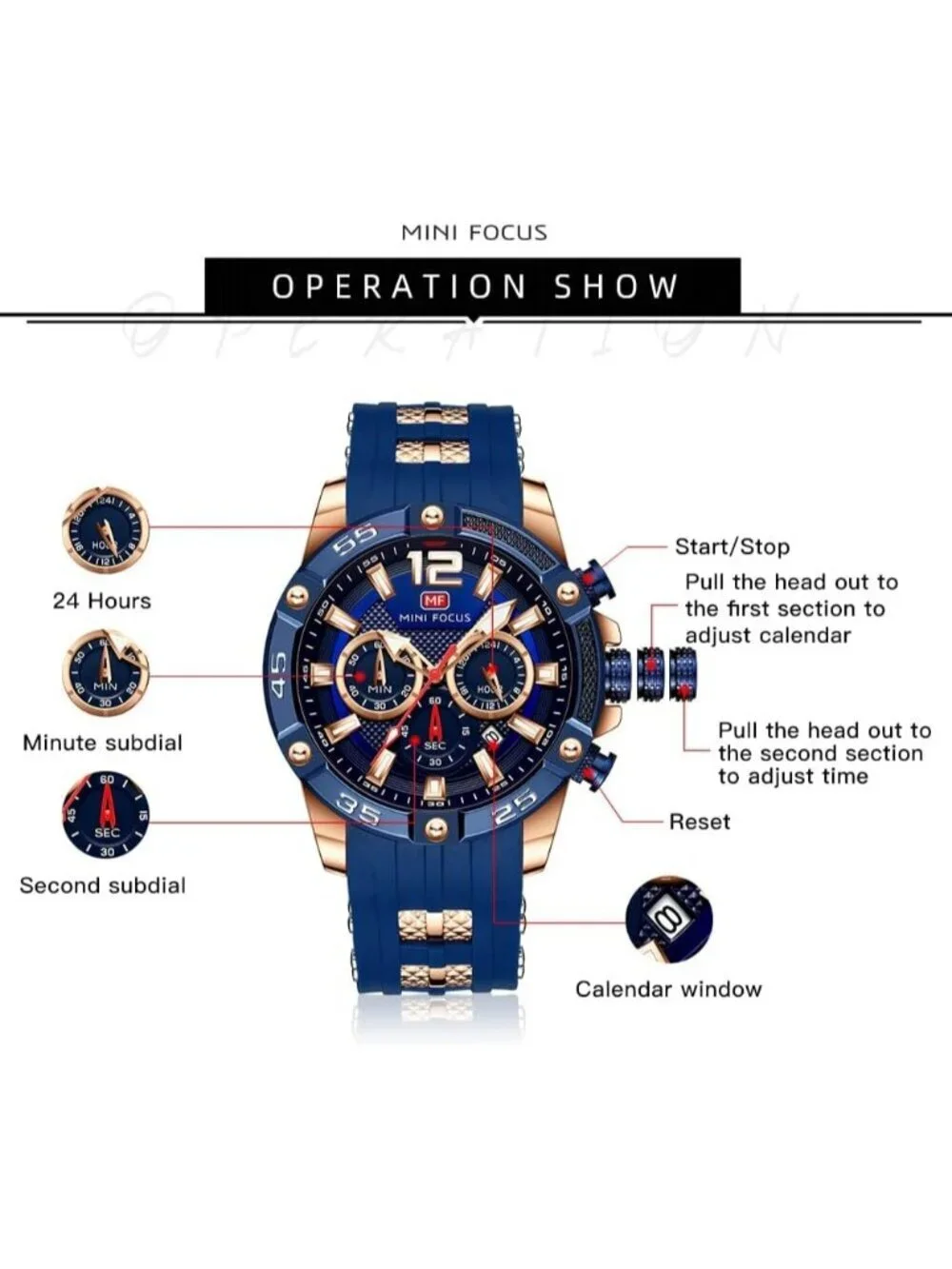 Men's Blue Silicon Band Chronograph Waterproof Luminous Unique Casual Watch